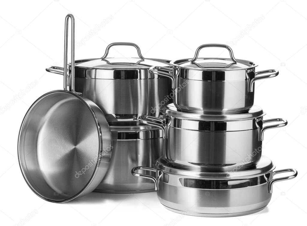 Set of stainless steel dishware isolated on white background