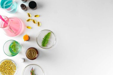 Laboratuvarda bitki yapraklarıyla bitkisel beslenme takviyesi yapıyorum. Sağlık ve güzellik kavramı