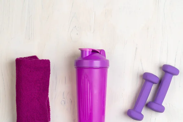 Small dumbbells, shaker and towel. Fitness concept — Stock Photo, Image