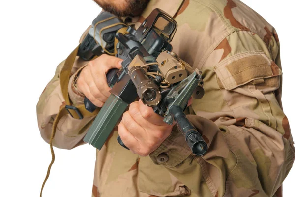 Man with airsoft wear and air rifle — Stock Photo, Image