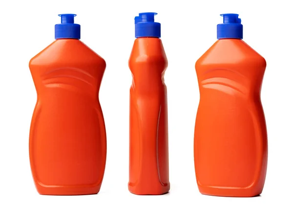 Orange plastic bottle of liquid detergent isolated on white — Stock Photo, Image