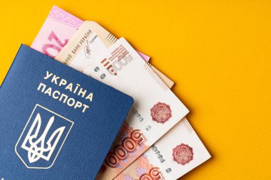 Ukrayna pasaportu içinde Ukrayna para birimi Hryvnia ve Rus rublesi var.