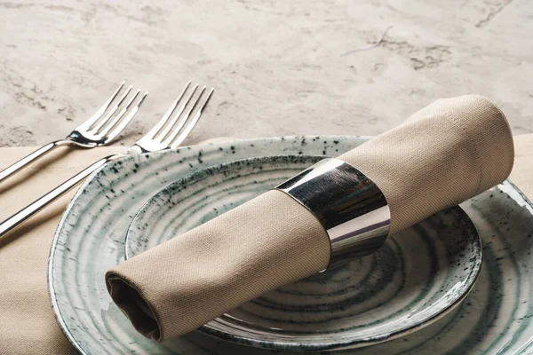 Ceramic stylish tableware set on grey background — Stock Photo, Image
