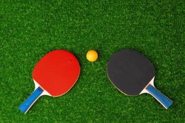 Pinpon raketleri ve çimlerin üzerinde top.