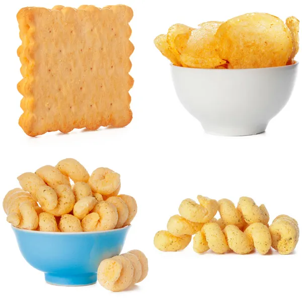 Snacks salados aislados sobre collage de fondo blanco —  Fotos de Stock