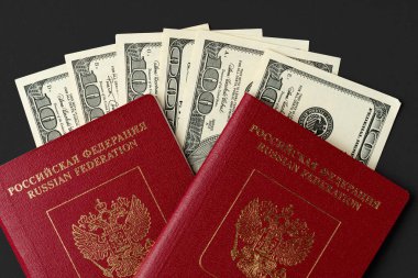 İçinde Amerikan doları banknotları olan Rus pasaportu.