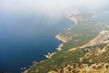 Sabah sisli arka planda ormanları olan güzel dağ.