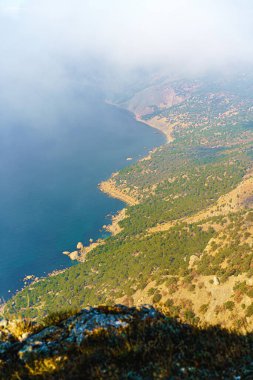 Sabah sisli arka planda ormanları olan güzel dağ.