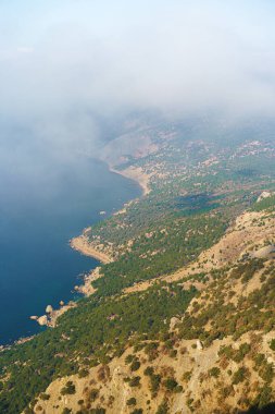 Sabah sisli arka planda ormanları olan güzel dağ.