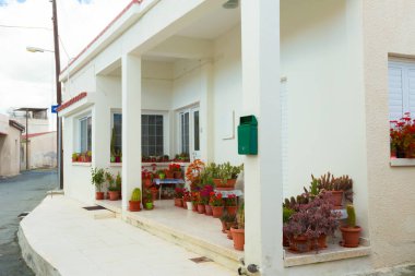 Tahta güverteli ve çalıları olan beyaz bir evin dışında. Gerçek fotoğraf.