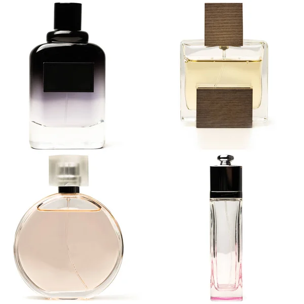 Colección de frascos de perfume sobre fondo blanco — Foto de Stock