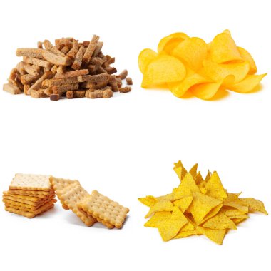 Tuzlu atıştırmalıklar. Simit, cips, kraker kolajı