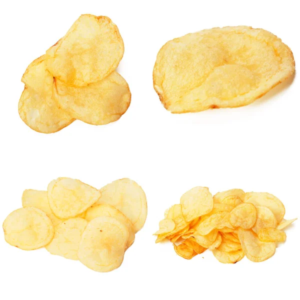 Set Kartoffelchips in Großaufnahme auf isoliertem weißem Hintergrund — Stockfoto