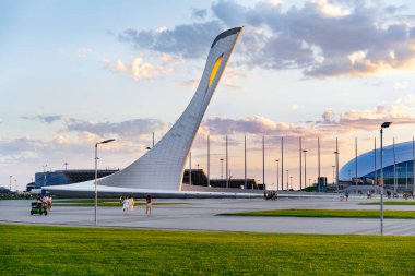 Sochi, Olimpik Park tesisleri gün batımında binalar