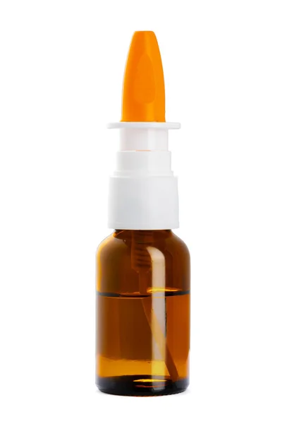 Botella de vidrio con spray nasal aislado en backgorund blanco — Foto de Stock