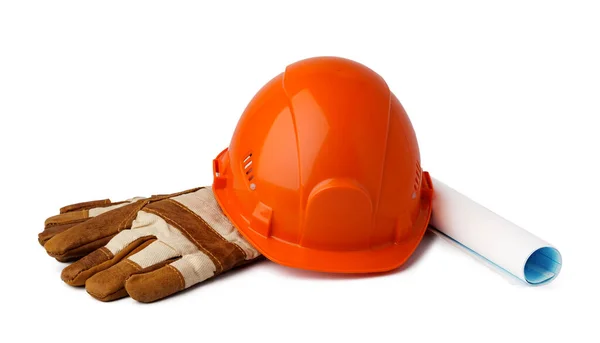 Σκληρό καπέλο ασφαλείας και γάντια εργασίας που απομονώνονται σε λευκό φόντο — Φωτογραφία Αρχείου