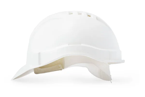 白い背景に隔離された白いプラスチック製の安全性のハードハット — ストック写真