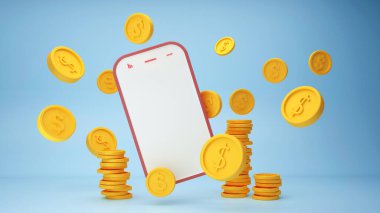Akıllı telefon, mavi arka planda altın para desteleri ile taklit edilir. 3 Boyutlu Hazırlama