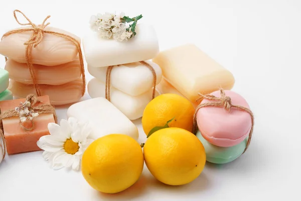 Handmade citrus soap and fresh fruit on white background — Stock Photo, Image