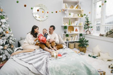 Noel veren gülümseyen anne oğul evde mevcut