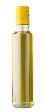 Beyaz arka planda izole edilmiş zeytinyağı şişesi