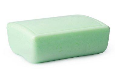 Beyaz arkaplanda izole edilmiş tek sabun çubuğu