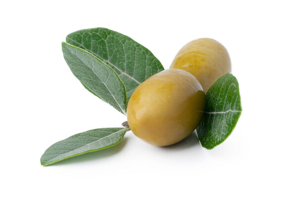 Green olives with leaves isolated on white background.