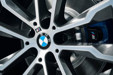 KRASNODAR, RUSSIA - NOVEMBER 19, 2020: Wheel of BMW car in Krasnodar car showroom