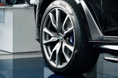 KRASNODAR, RUSSIA - NOVEMBER 19, 2020: Wheel of BMW car in Krasnodar car showroom