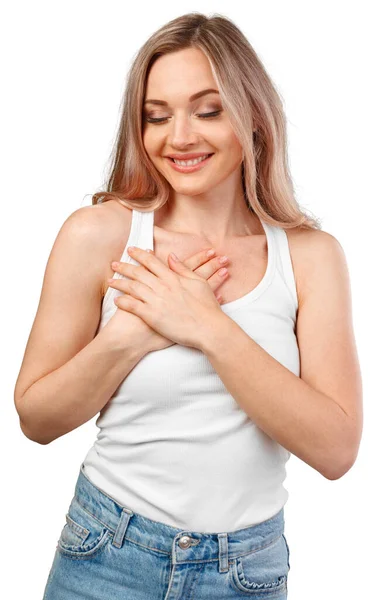 Young beautiful woman smiling with hands on chest isolated on white background — Stock Photo, Image