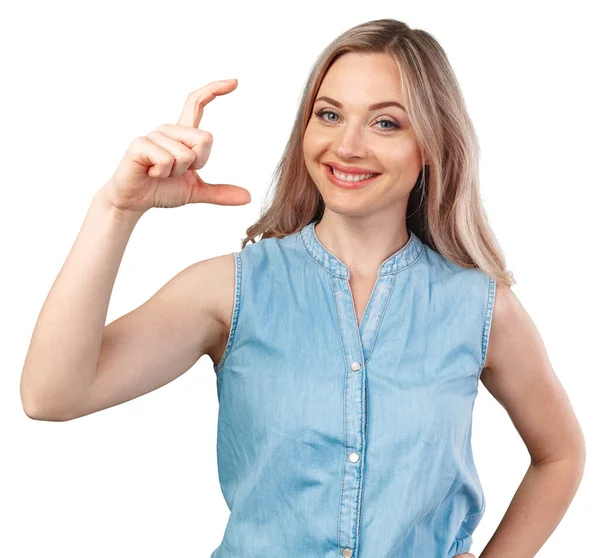 Glad leende vacker ung kvinna visar den lilla storleken isolerad på vit — Stockfoto