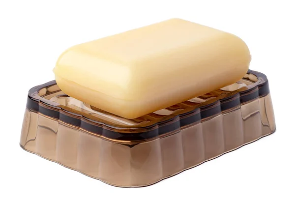Soap bar on soap dish isolated on white — Stock Photo, Image