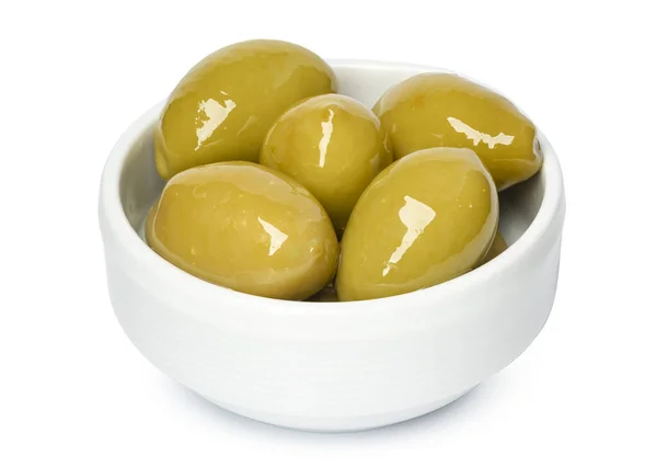Liten skål med marinerade oliver isolerade på vit — Stockfoto