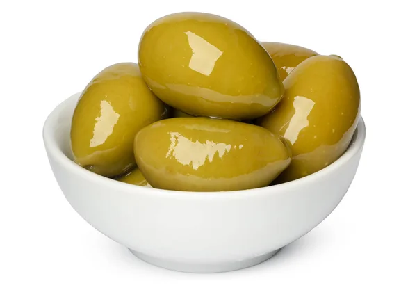 Liten skål med marinerade oliver isolerade på vit — Stockfoto