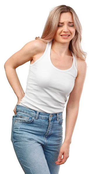 Young woman in white shirt suffering from backache isolated on white — Stock Photo, Image