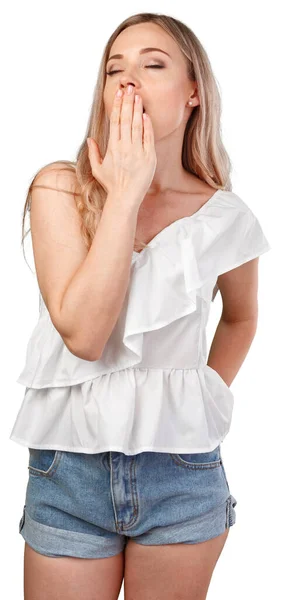 Jovem caucasiana posando tédio isolado no fundo branco — Fotografia de Stock