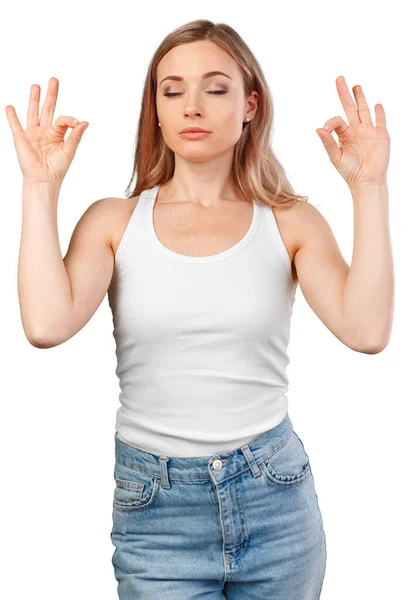 Junge Frau vor isoliertem weißen Hintergrund in Zen-Pose — Stockfoto