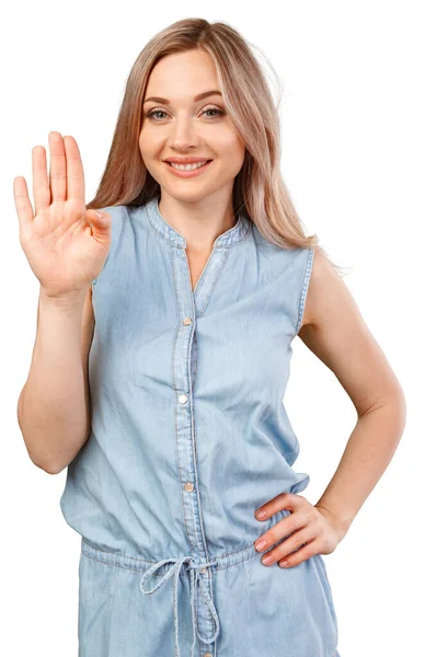 Atraktivní dívka pozdrav přítel, pozdravit izolované na bílém pozadí — Stock fotografie