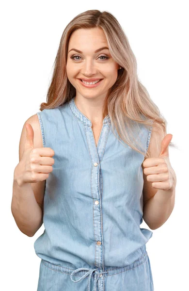 Mladá běloška žena izolované na bílém pozadí ukazující ok znamení s prsty — Stock fotografie