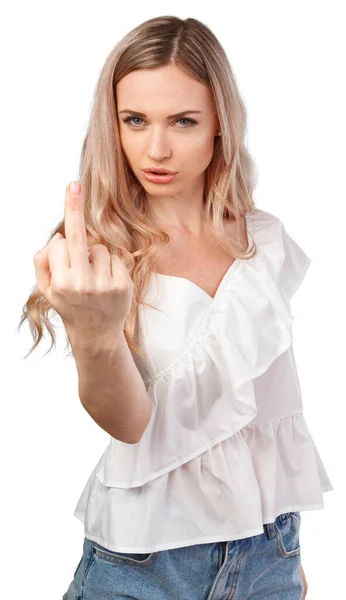 Retrato de jovem irritado mostrando dedo médio isolado em branco — Fotografia de Stock