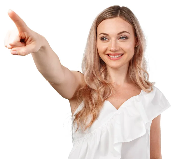 Ung kvinna pekar på din produkt isolerad på vit bakgrund — Stockfoto