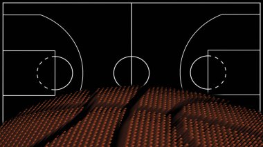 Basketbol sahası geçmişi, basketbol topu, siyah arka plan.