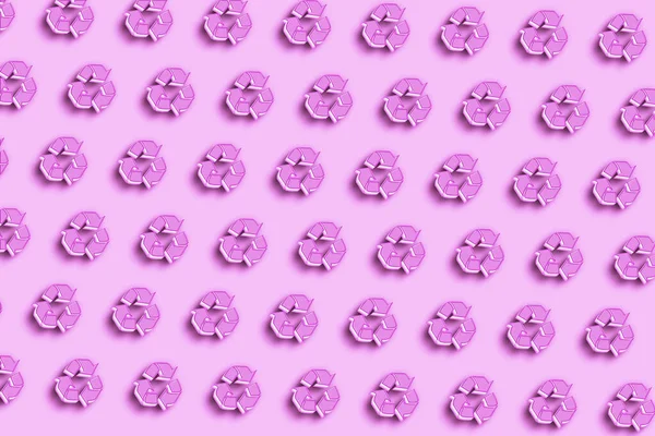 Geri dönüşüm işareti, geri dönüşüm sembolü, ekoloji ve geri dönüşüm kavramı, pembe minimum arkaplan