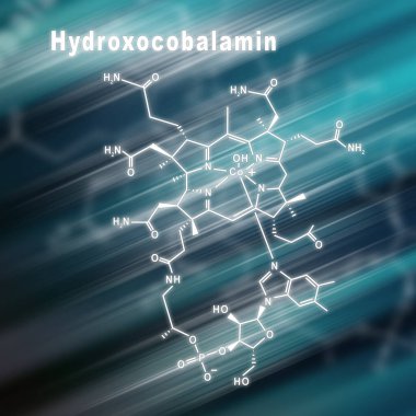 Hidroksobalamin vitamini B12, yapısal kimyasal formül fütüristik arkaplan