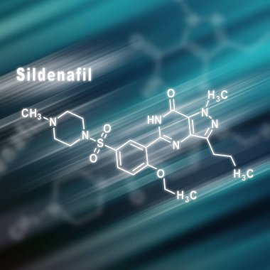 Sildenafil ereksiyon bozukluğu ilaç molekülü yapısal kimyasal formül fütüristik arka plan