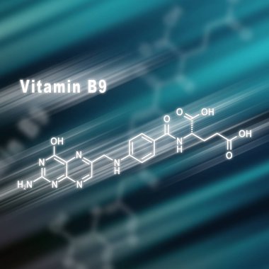 B9 vitamini, folik asit, yapısal kimyasal formül fütüristik arka plan