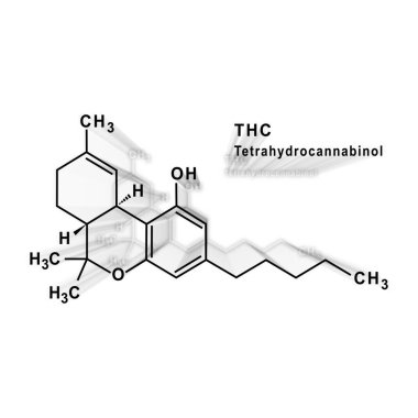 Beyaz zemin üzerinde THC Tetrahydrocannabinol Yapısal kimyasal formül