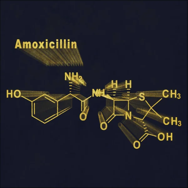 Amoxicillina Farmaco Antibiotico Formula Chimica Strutturale Oro Sfondo Scuro — Foto Stock