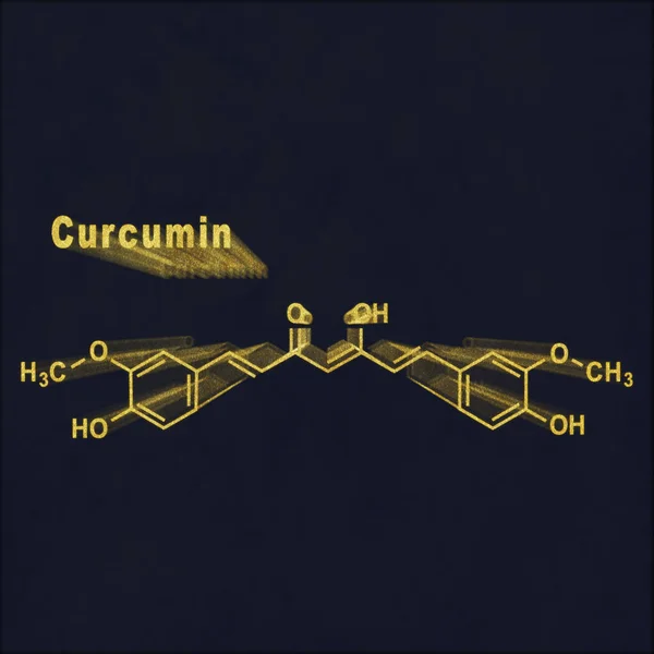 Especia Curcumina Cúrcuma Fórmula Química Estructural Oro Sobre Fondo Oscuro — Foto de Stock
