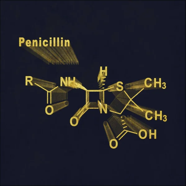 Penicillina Farmaco Antibiotico Formula Chimica Strutturale Oro Sfondo Scuro — Foto Stock